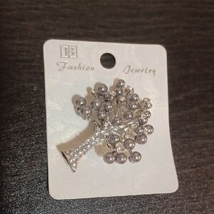 Silver Tree Brooch with Faux Gray Pearls
